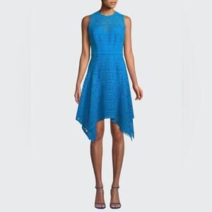 NWT Theia Novelty Guipure Blue Lace Handkerchief-Hem Dress 14